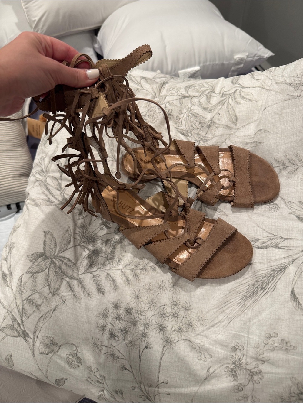 SCHUTZ Brown Suede Fringe Lace-Up Sandals